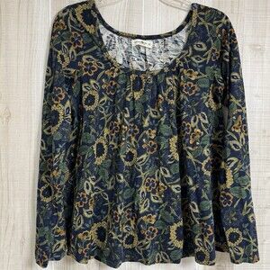 Natural Life Iris Women Dahlias  Navy Tan Floral Blouse Boho Peasant XS (758)
